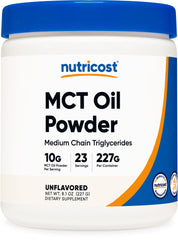Nutricost MCT Oil Powder bottle top view for keto-friendly supplement.