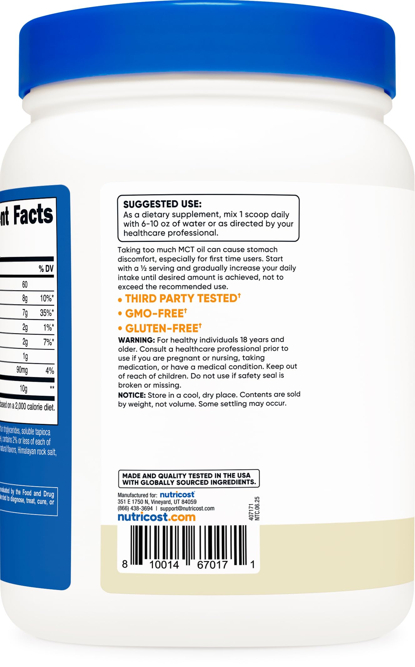 Nutricost MCT Oil Powder GMP facility label signaling quality and safety
