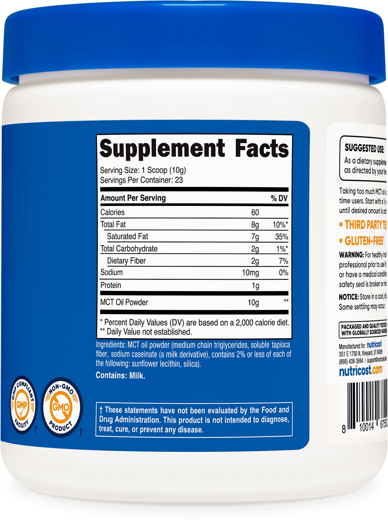 Nutricost MCT Oil Powder packaging highlights non-GMO and gluten-free features.