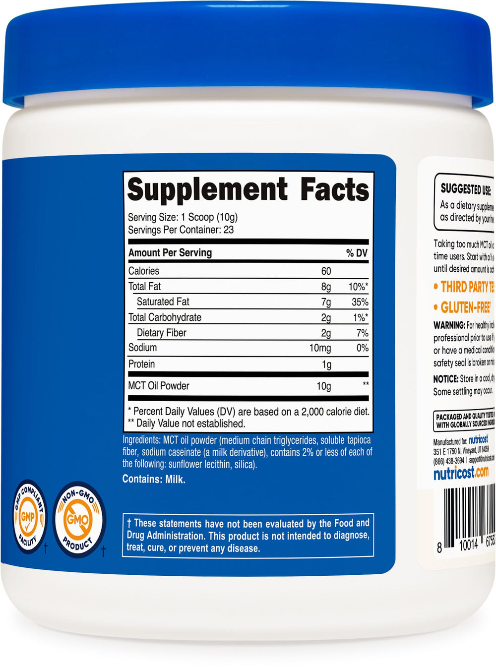Nutricost MCT Oil Powder packaging highlights non-GMO and gluten-free features.