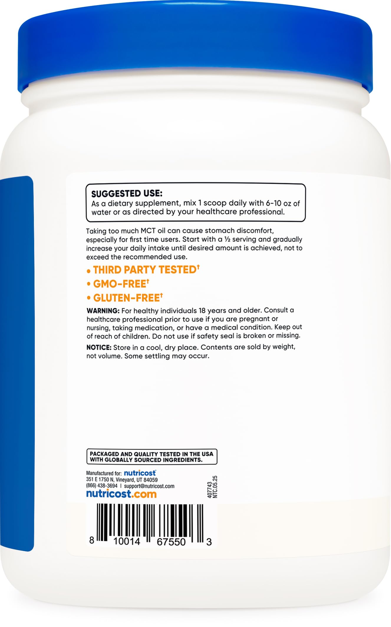 Nutricost MCT Oil Powder gluten-free non-GMO packaging detail