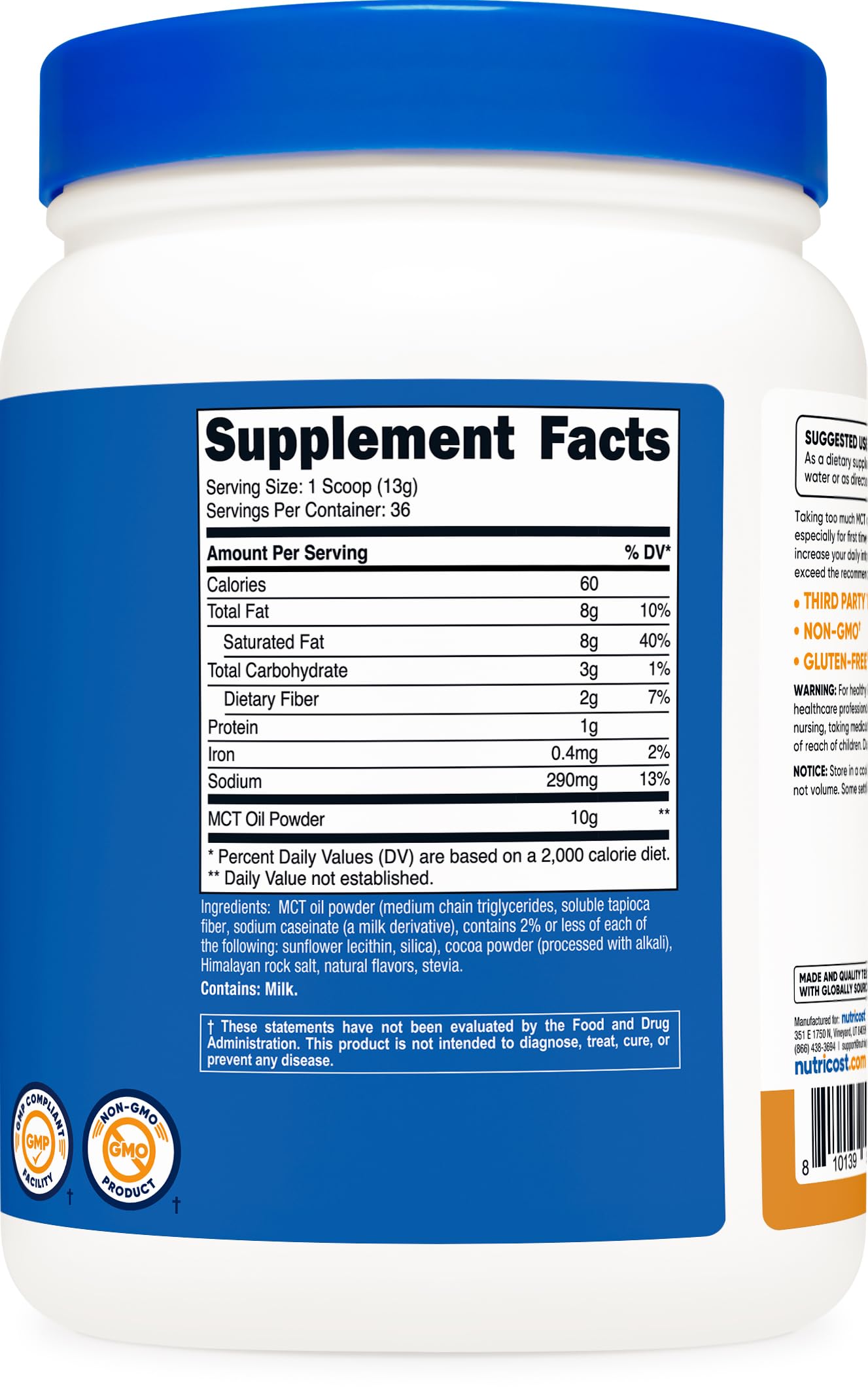 Nutricost MCT Oil Powder packaging highlights NSF GMP quality certifications