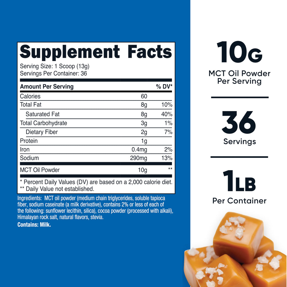 Nutricost MCT Oil Powder salted caramel pour showing quick pre-workout mix