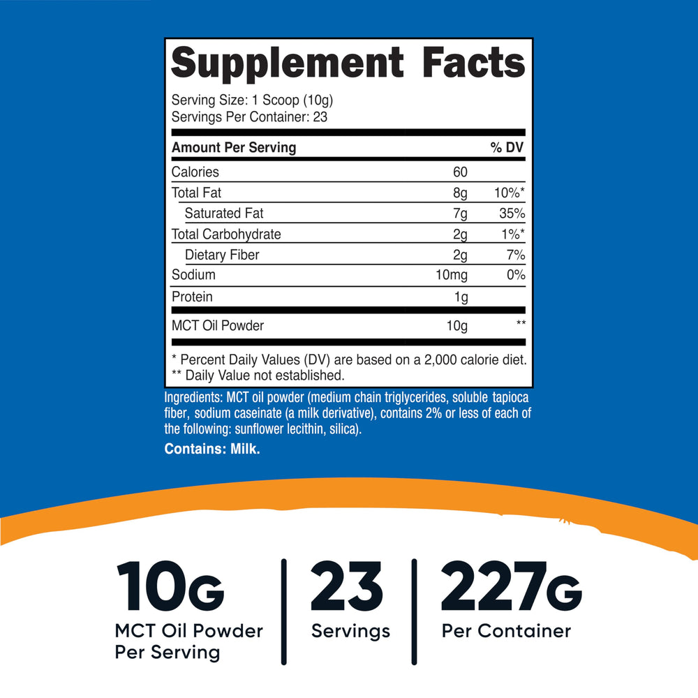 Nutricost MCT Oil Powder scoop dispensing for on-the-go use.