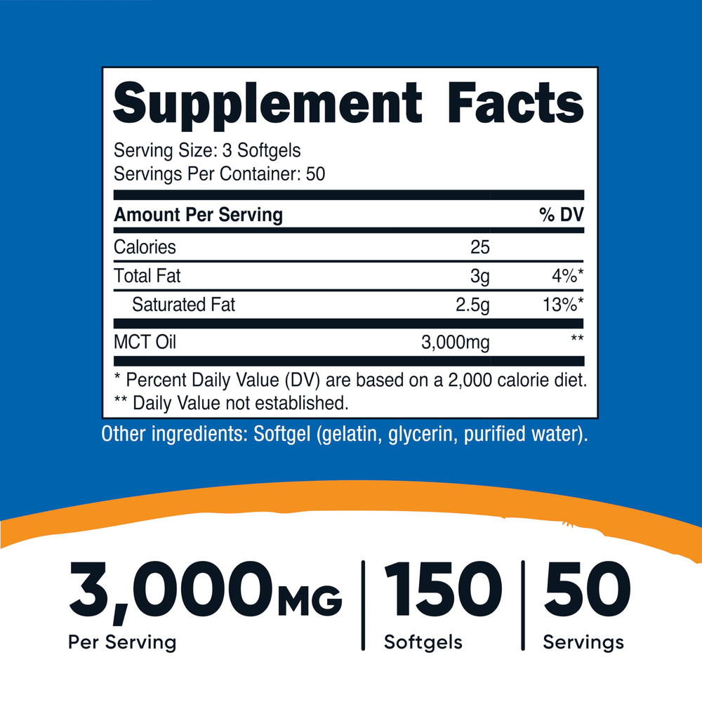 Nutricost MCT Oil Softgels capsules closeup highlighting high-quality MCT oil for ketosis-friendly use.