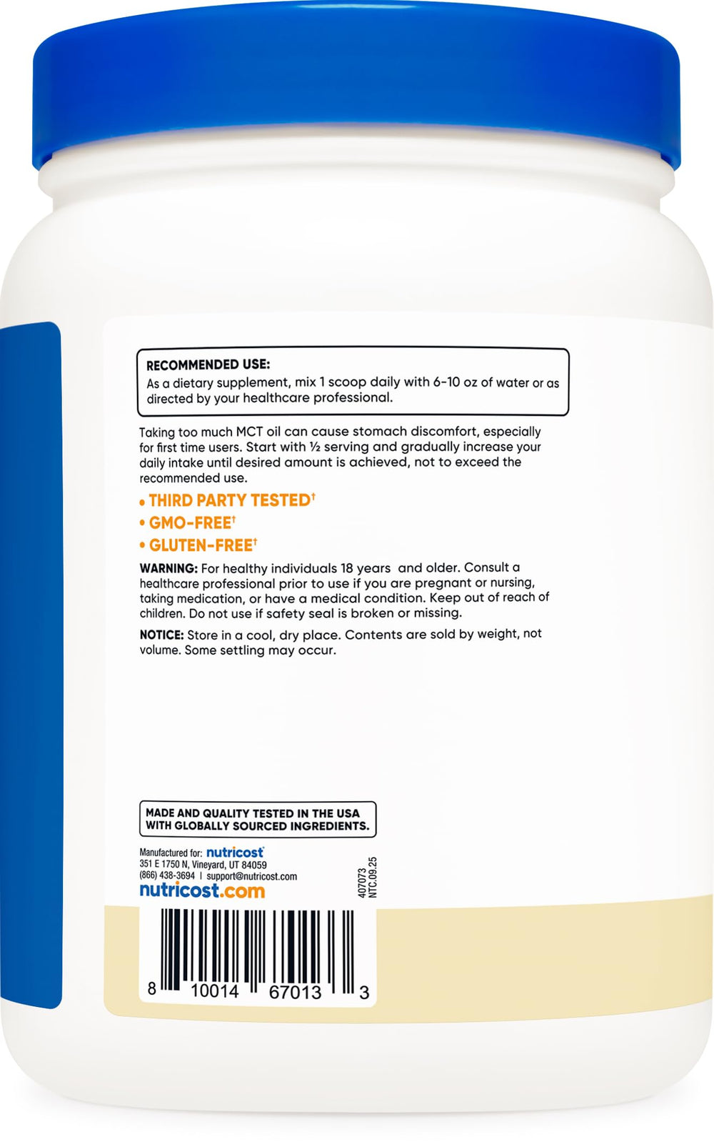 Nutricost vanilla mct powder in glass jar ready to mix