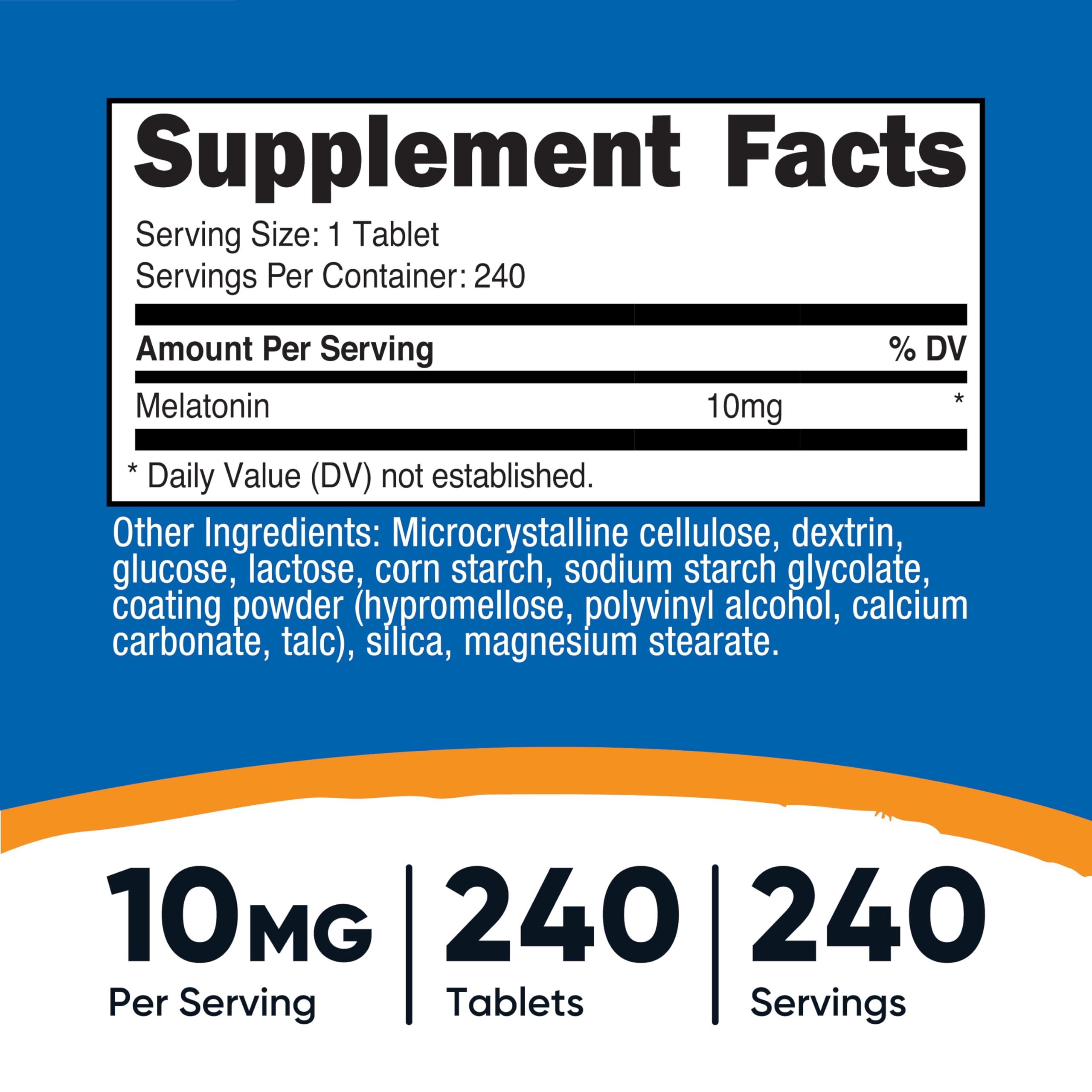 Nutricost Melatonin 10mg bottle back label with ingredient and usage details.