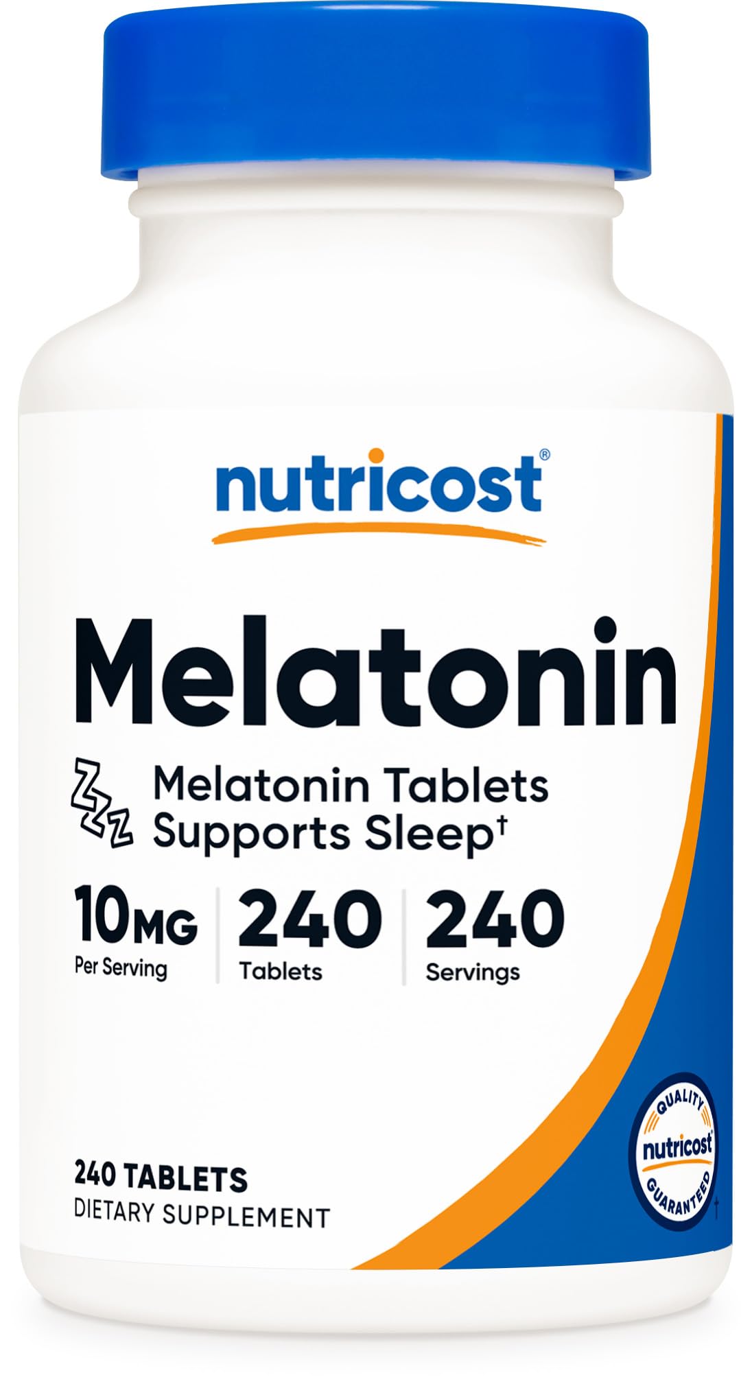 Nutricost Melatonin 10mg bottle front view, showing a 240-count supply for nightly routines.