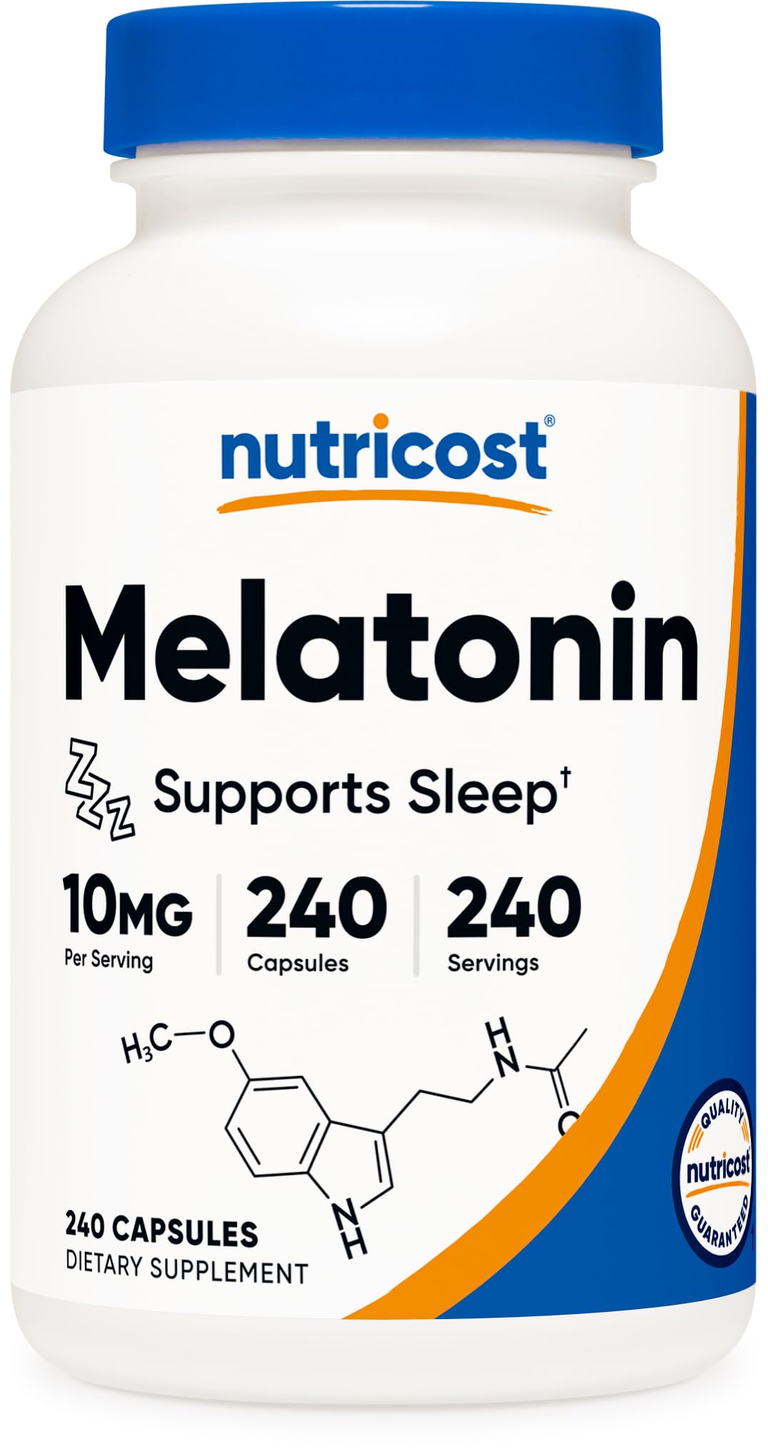 Nutricost Melatonin 10mg bottle close-up for a calm night routine
