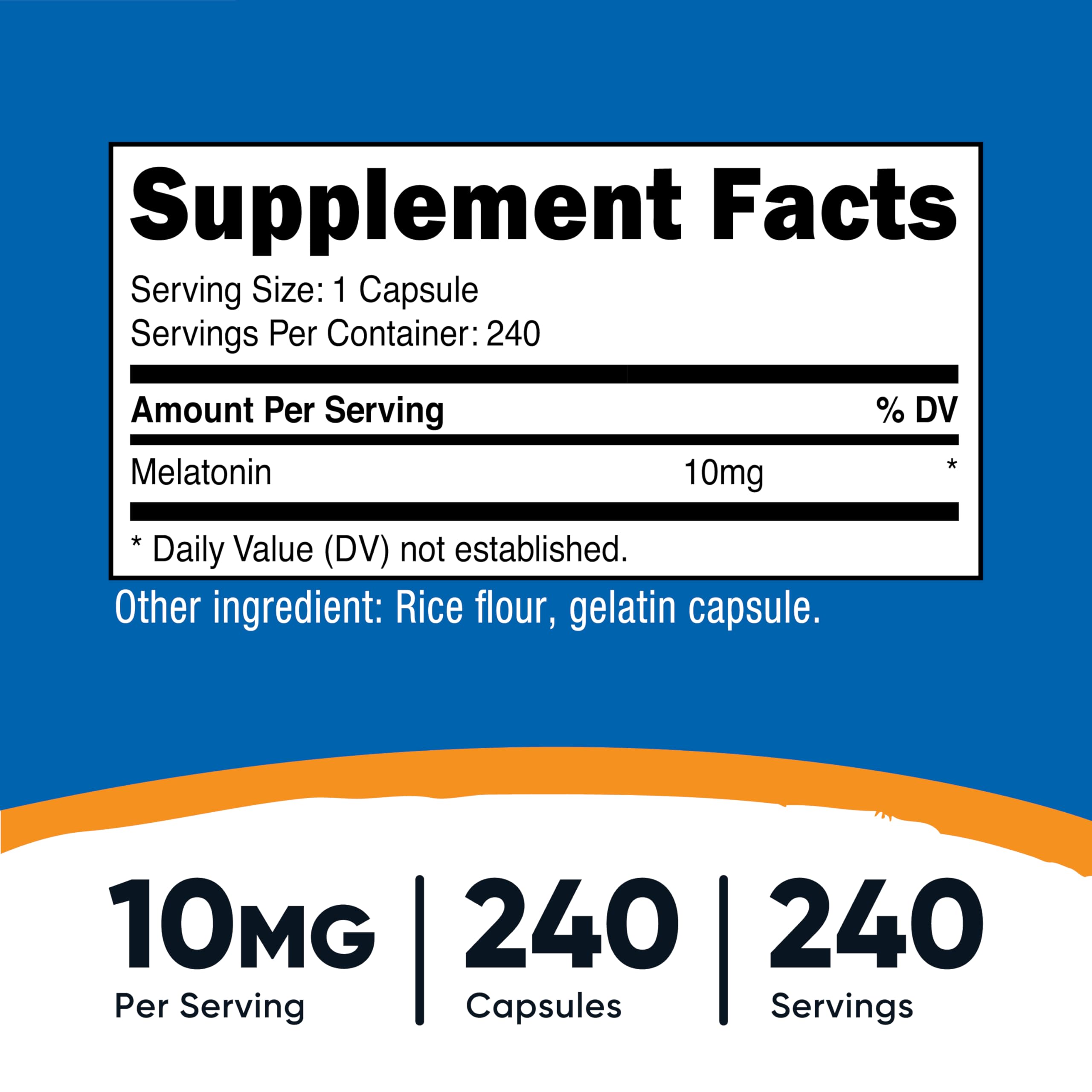 Nutricost Melatonin 10mg capsules on the label highlighting non-GMO and gluten-free