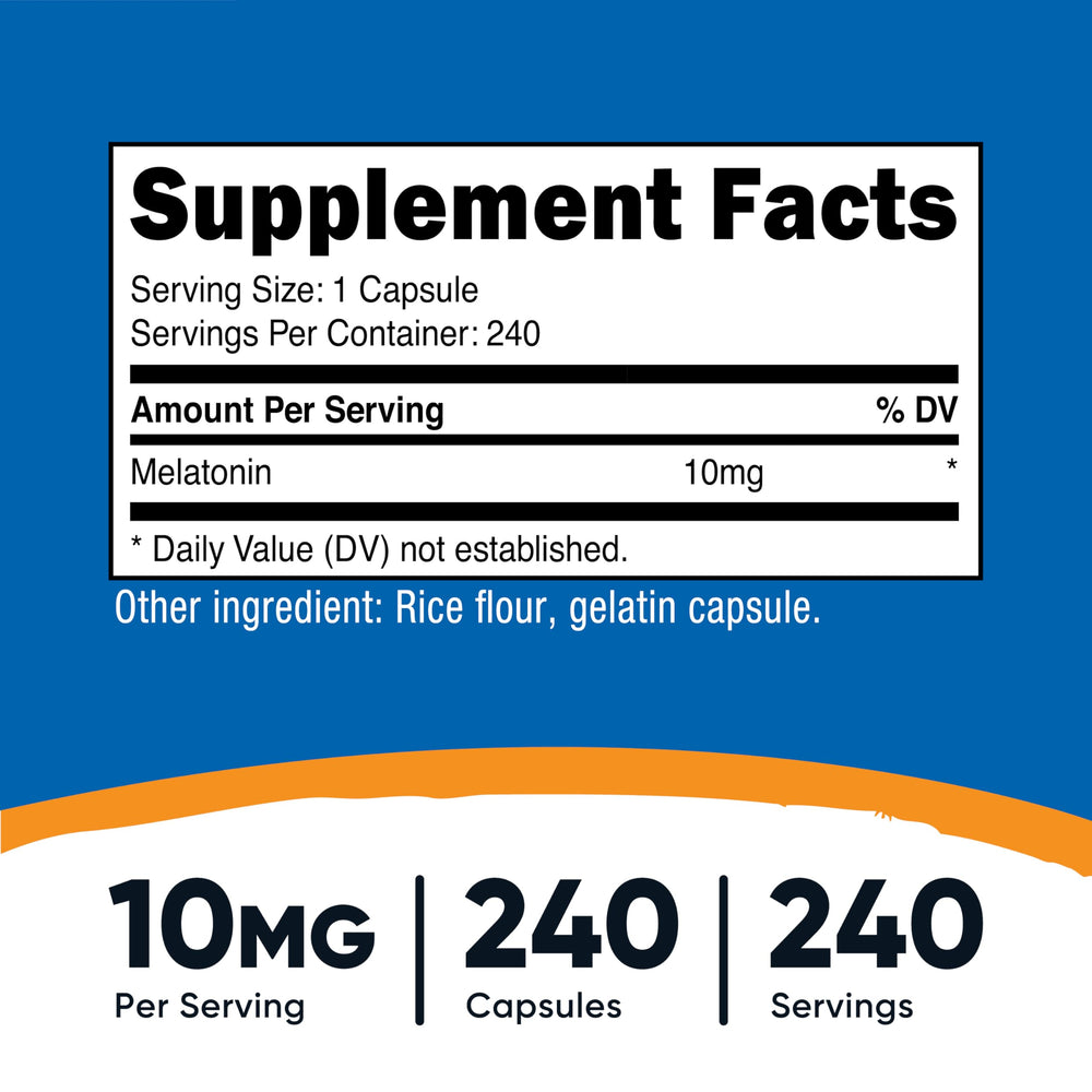 Nutricost Melatonin 10mg capsules on the label highlighting non-GMO and gluten-free