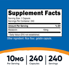 Nutricost Melatonin 10mg capsules on the label highlighting non-GMO and gluten-free
