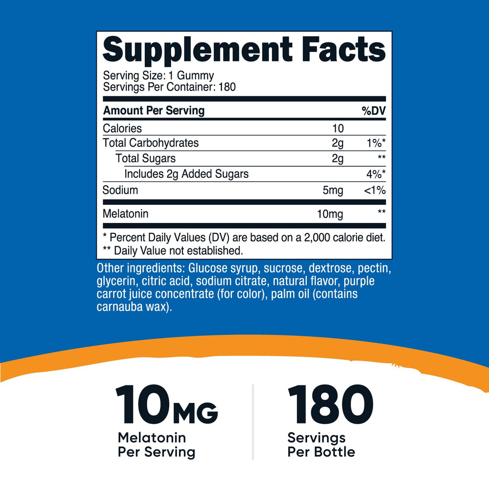 Nutricost Melatonin 10mg gummies bottle shot showing 180-count container