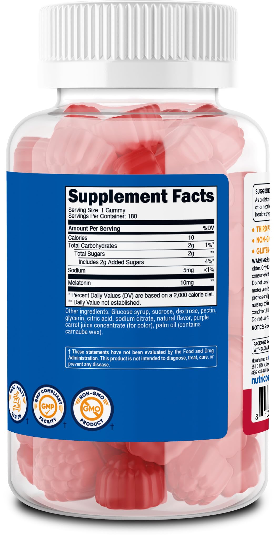 Nutricost Melatonin 10mg gummies nutrition facts panel for easy daily use