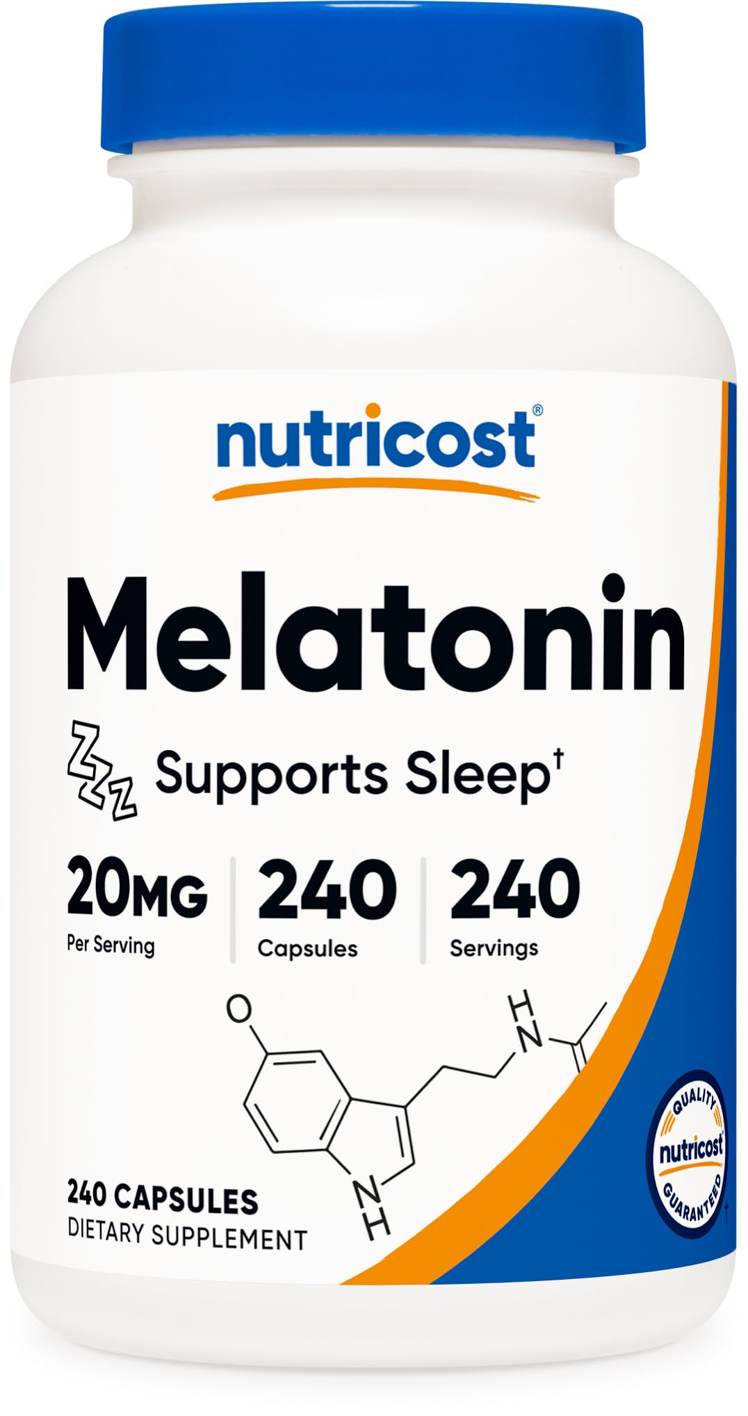Nutricost Melatonin 20 mg bottle front for easy nightly use.