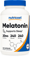 Nutricost Melatonin 20 mg bottle front for easy nightly use.