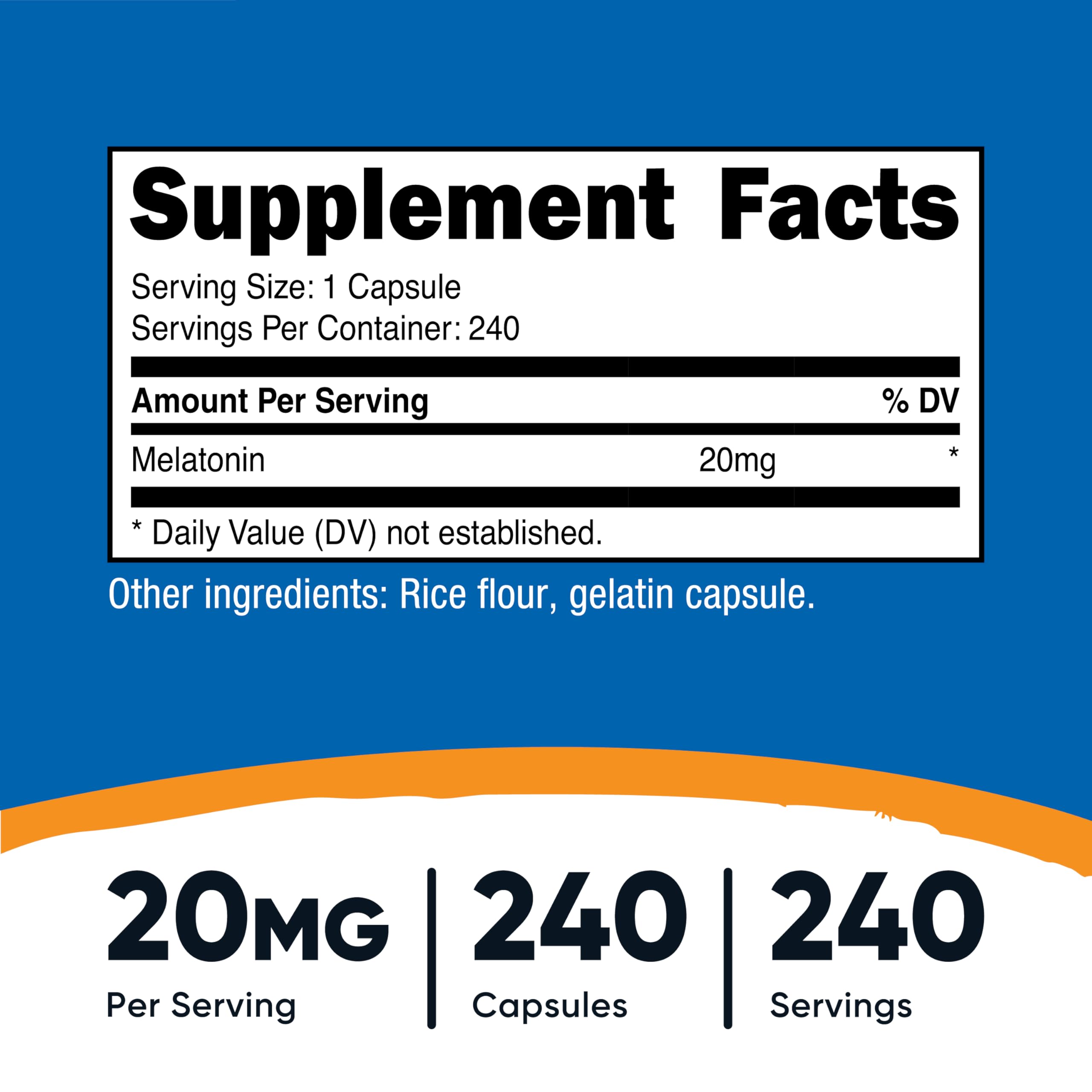 Nutricost Melatonin 20 mg bottle side view for consistent routines.