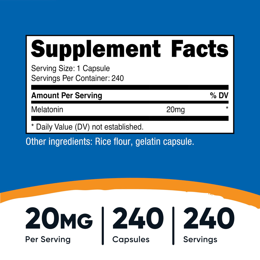 Nutricost Melatonin 20 mg bottle side view for consistent routines.