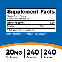 Nutricost Melatonin 20 mg bottle side view for consistent routines.