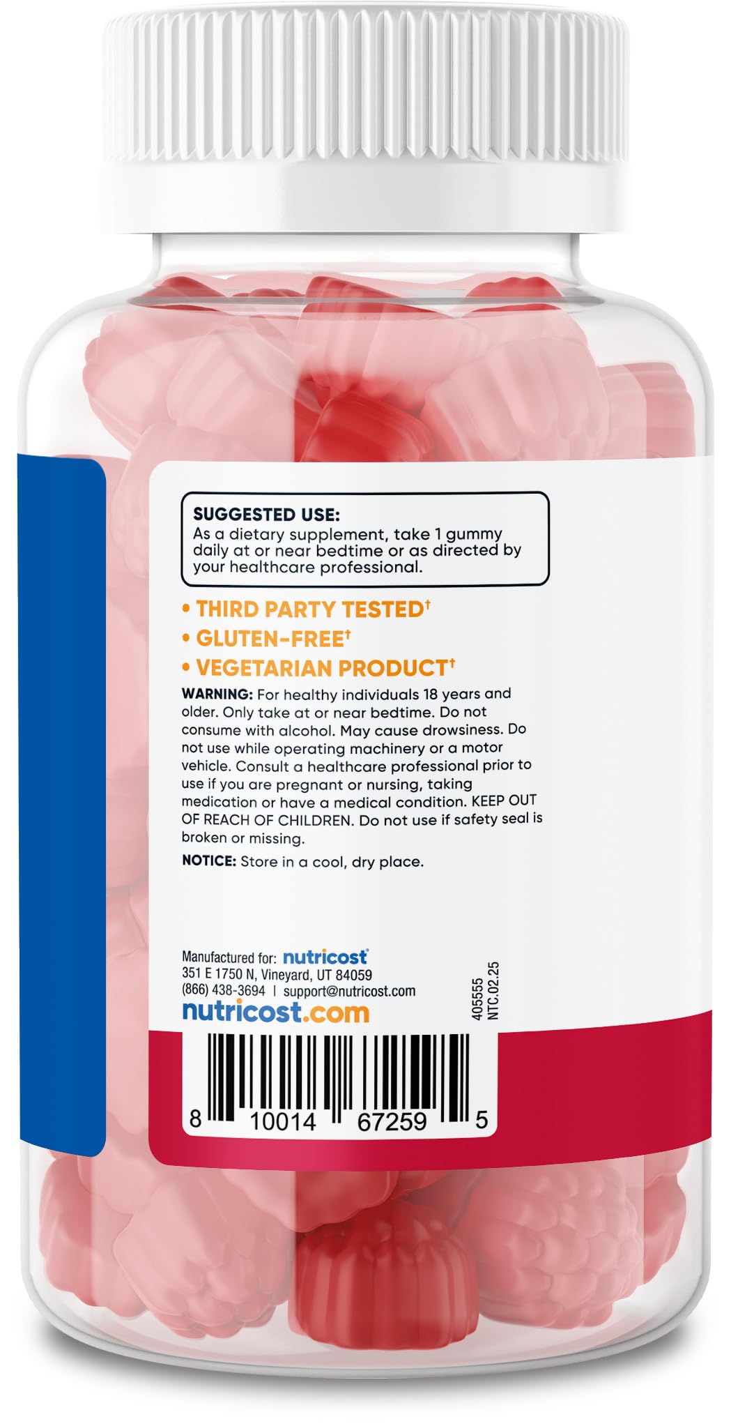 Nutricost Melatonin gummies bottle close-up emphasizes strawberry flavor.