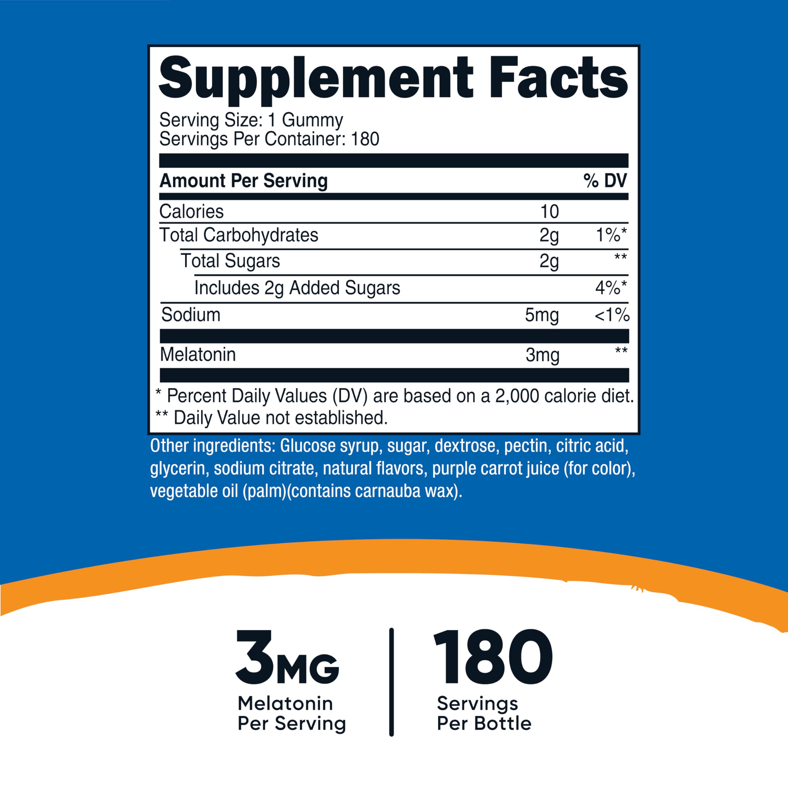 Nutricost Melatonin gummies ingredients panel highlights gluten-free and non-GMO notes.