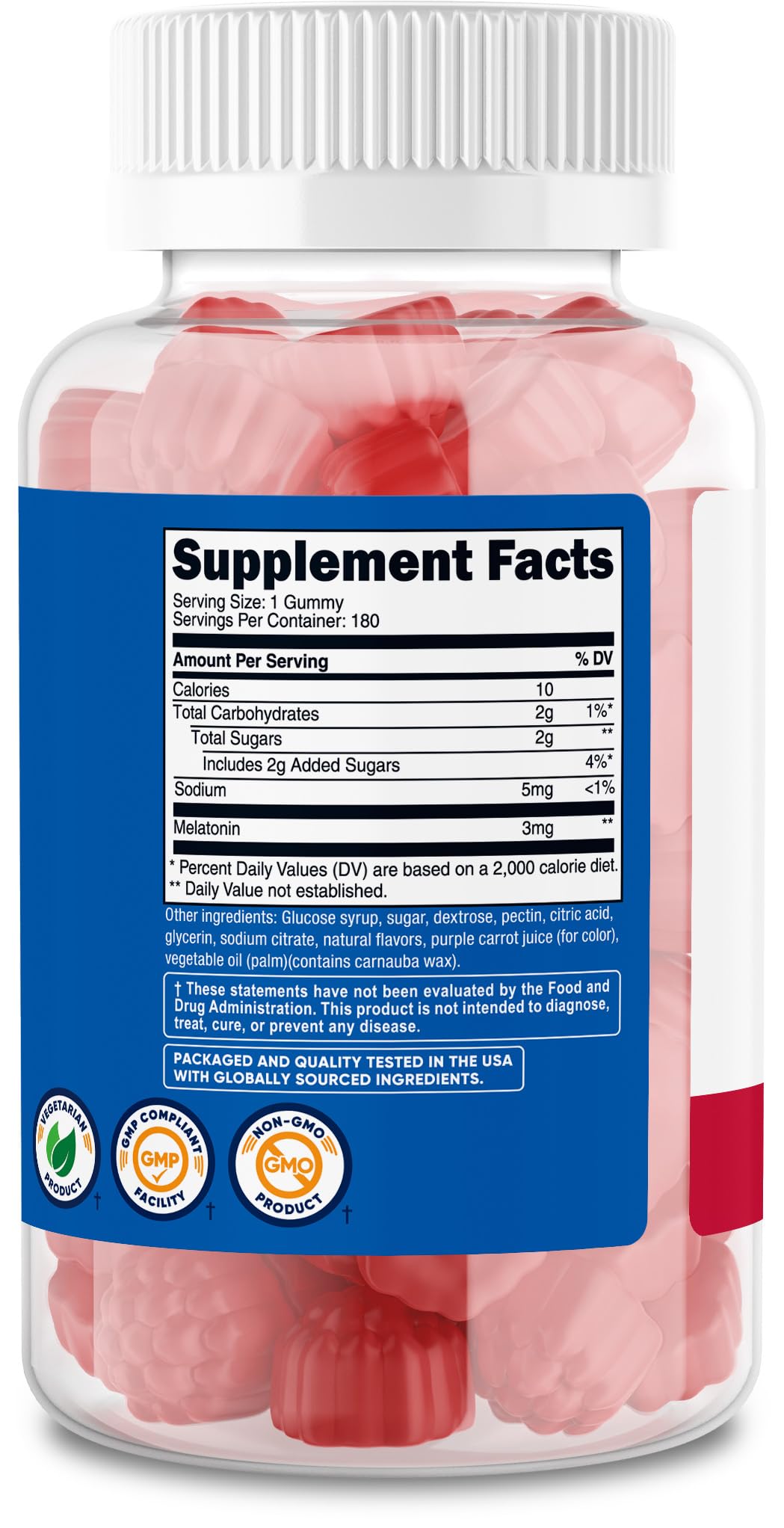 Nutricost Melatonin gummies with strawberry back-label for serving details.