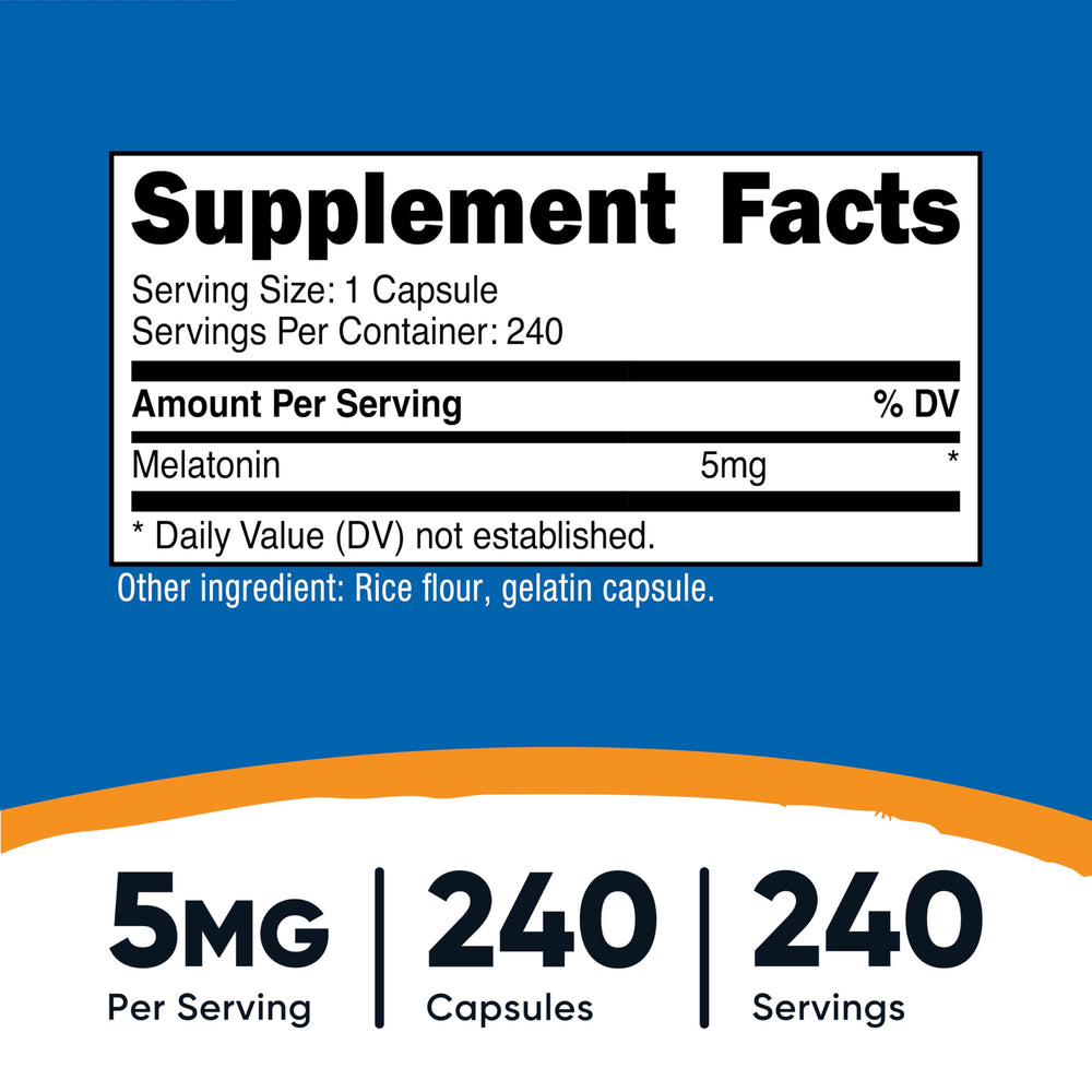 Nutricost melatonin 5mg capsules poured, ready for your nightly routine