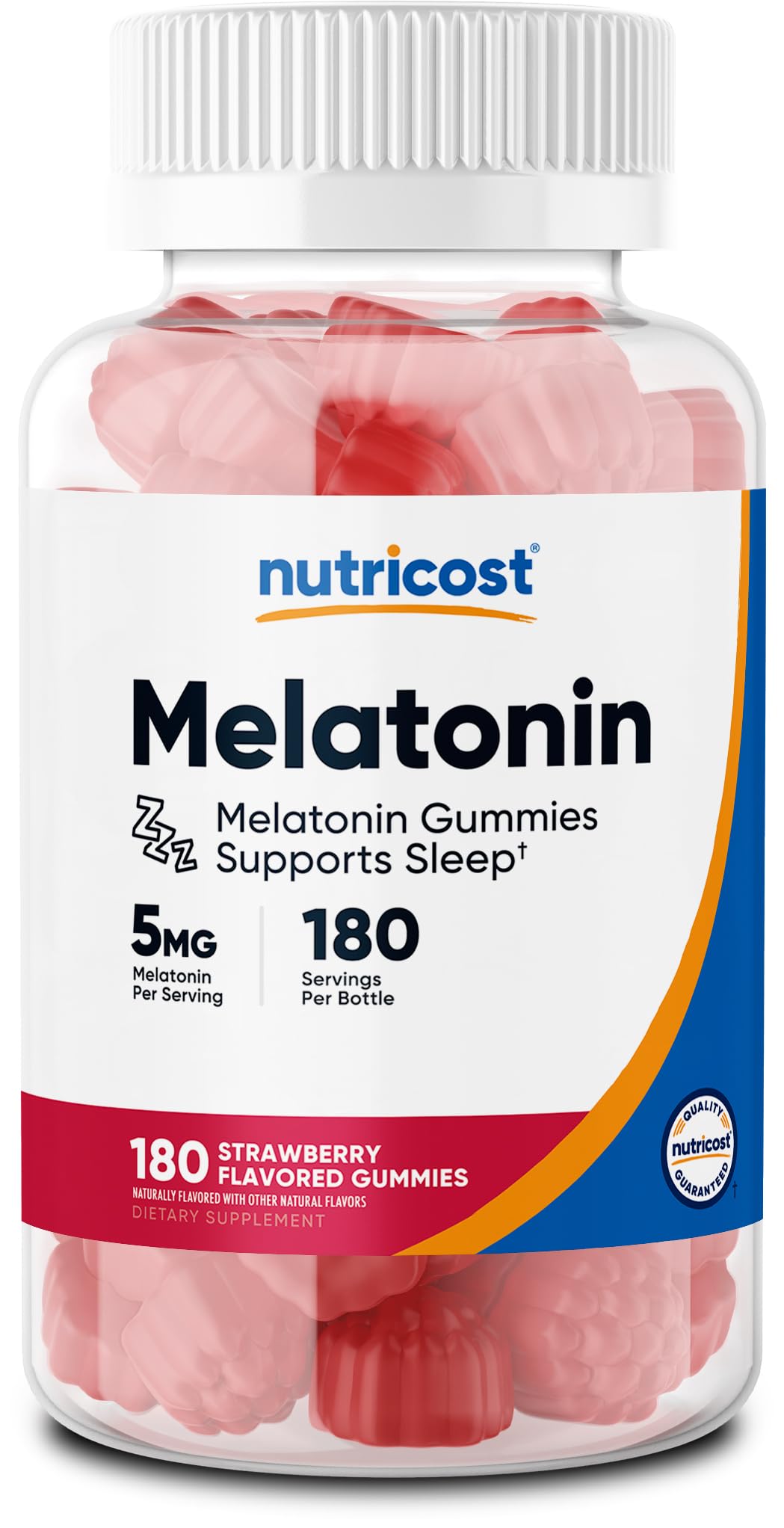 Nutricost Melatonin gummies bottle front view for easy sleep support.