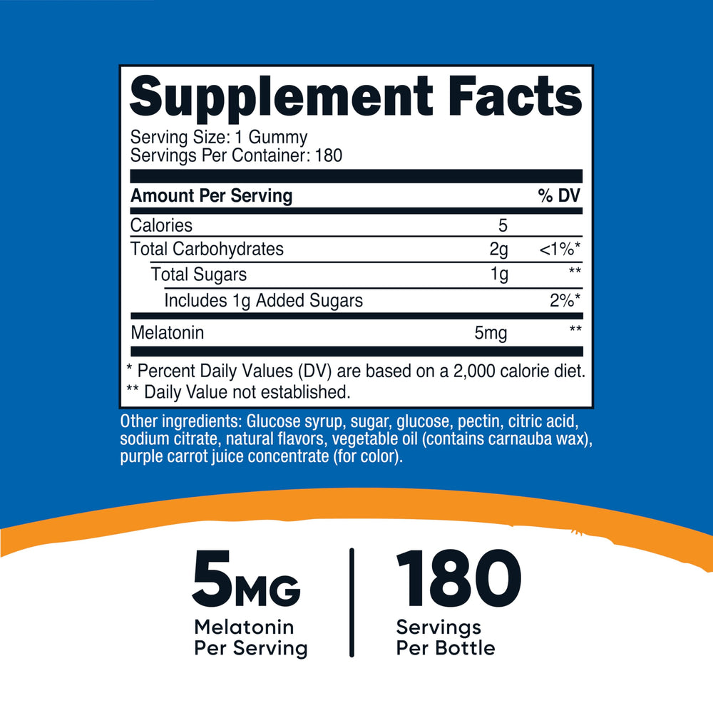 Nutricost Melatonin gummies label close-up highlights 180-count bottle.