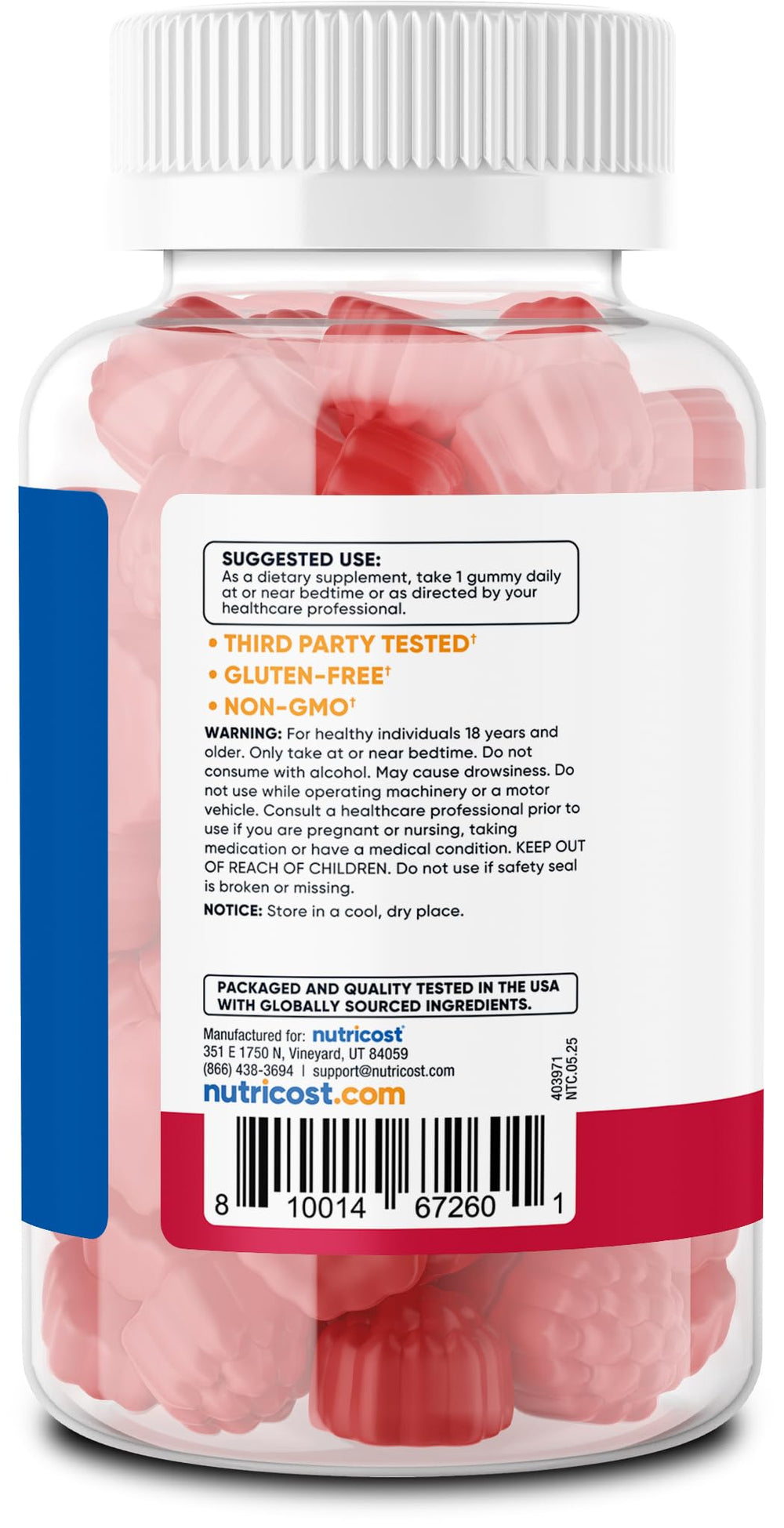 Nutricost Melatonin gummies packaging with gluten-free non-GMO claim.