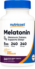 Nutricost melatonin 5mg tablets bottle for convenient nightly use.