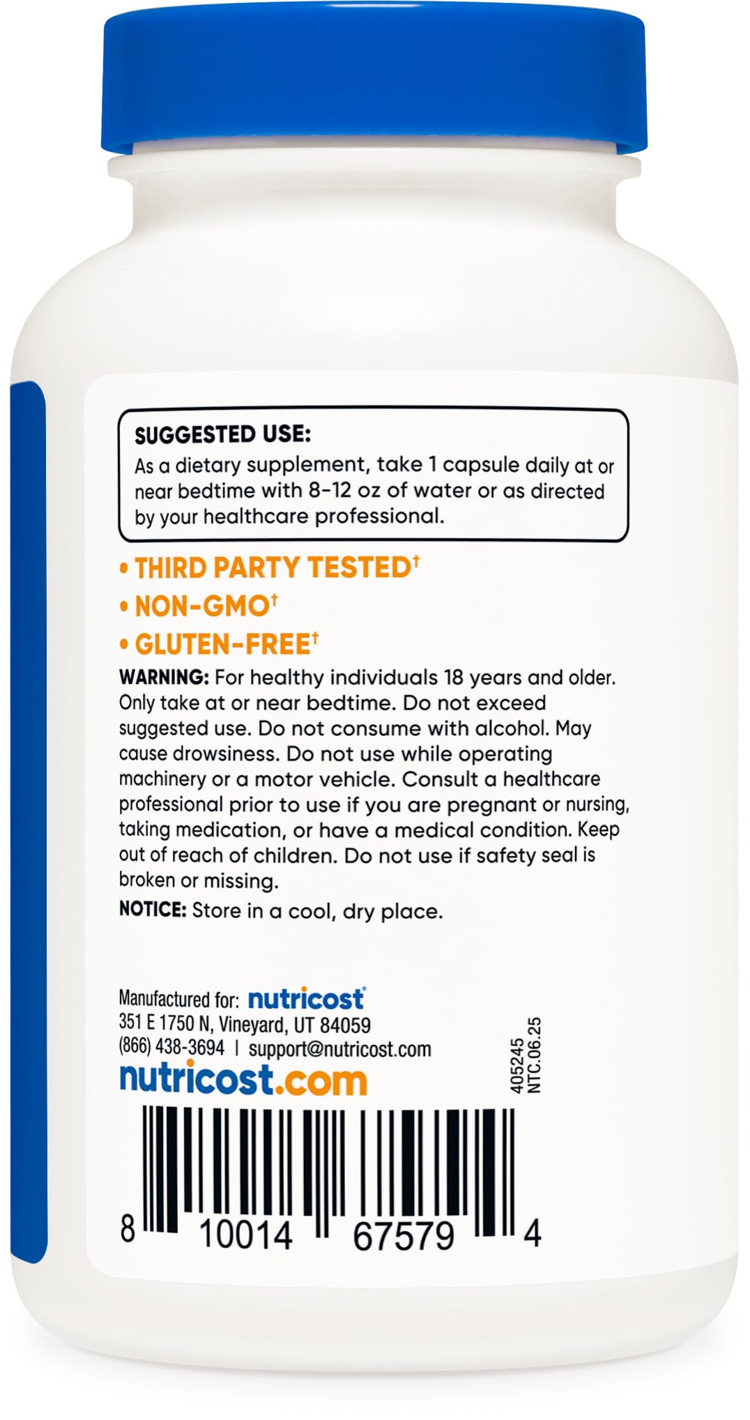 Nutricost Melatonin bottle and carton highlighting non GMO gluten free formula.