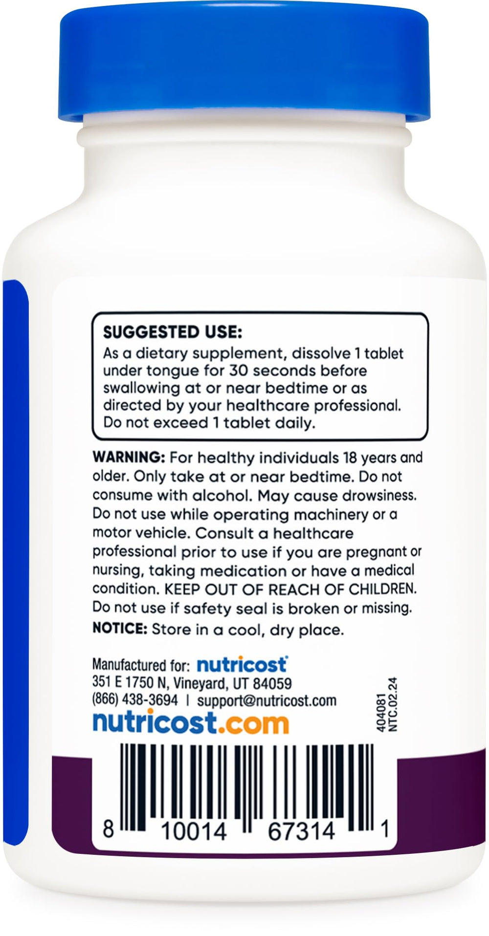 Nutricost melatonin bottle showing Non-GMO and Gluten Free labeling.