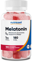 Nutricost Melatonin bottle front with 180 gummies for bedtime convenience