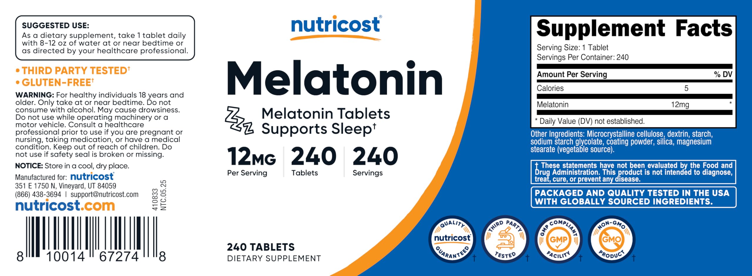 Nutricost Melatonin bottle displayed with GMP compliant facility for quality