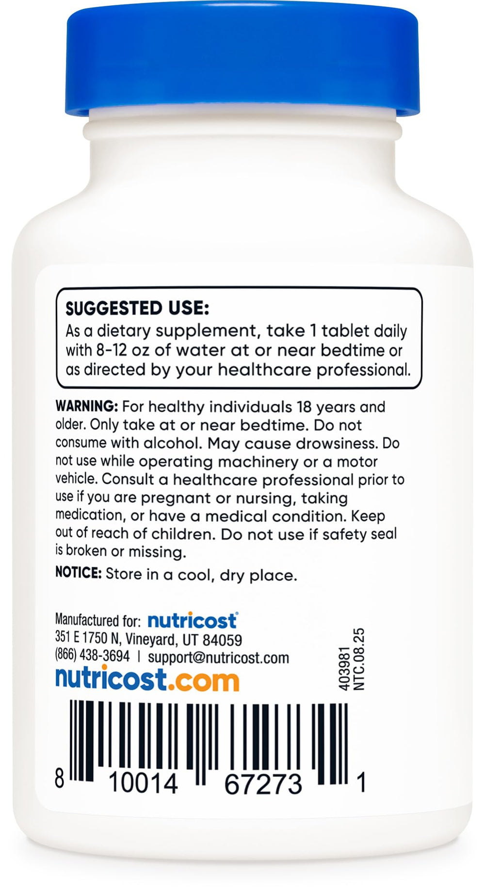 Nutricost Melatonin bottle with glass of water, ideal for bedtime routines.