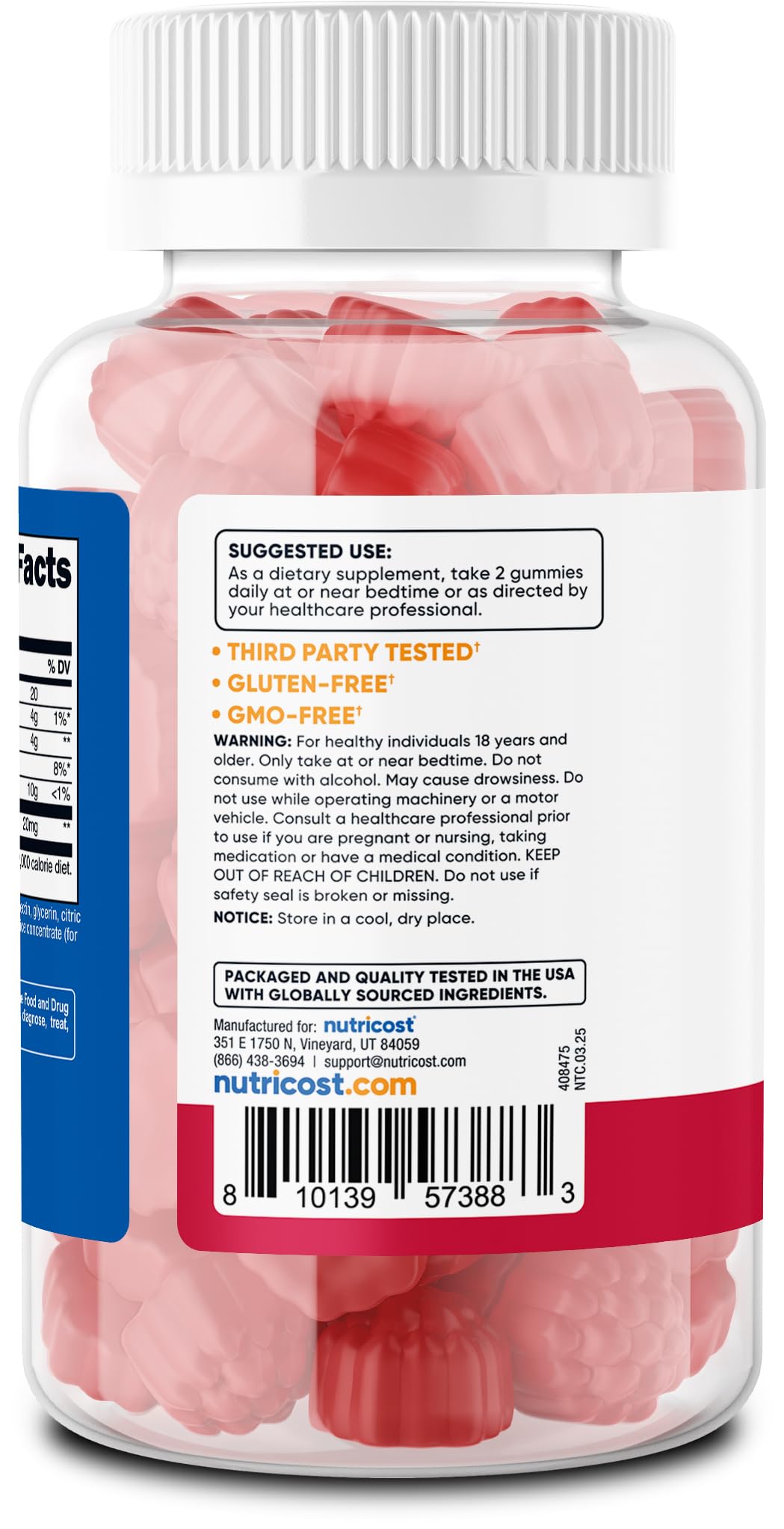 Nutricost Melatonin Gummies gluten-free label photo promotes allergen-friendly snacking