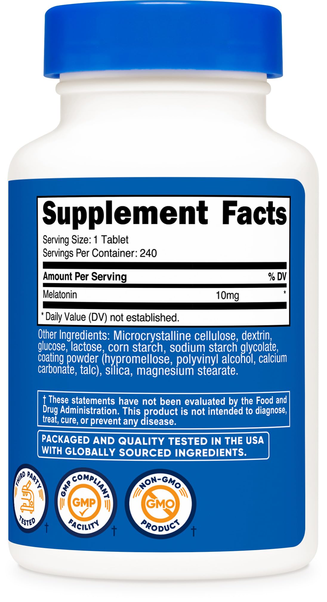 Nutricost Melatonin label detail highlighting 10mg serving information.
