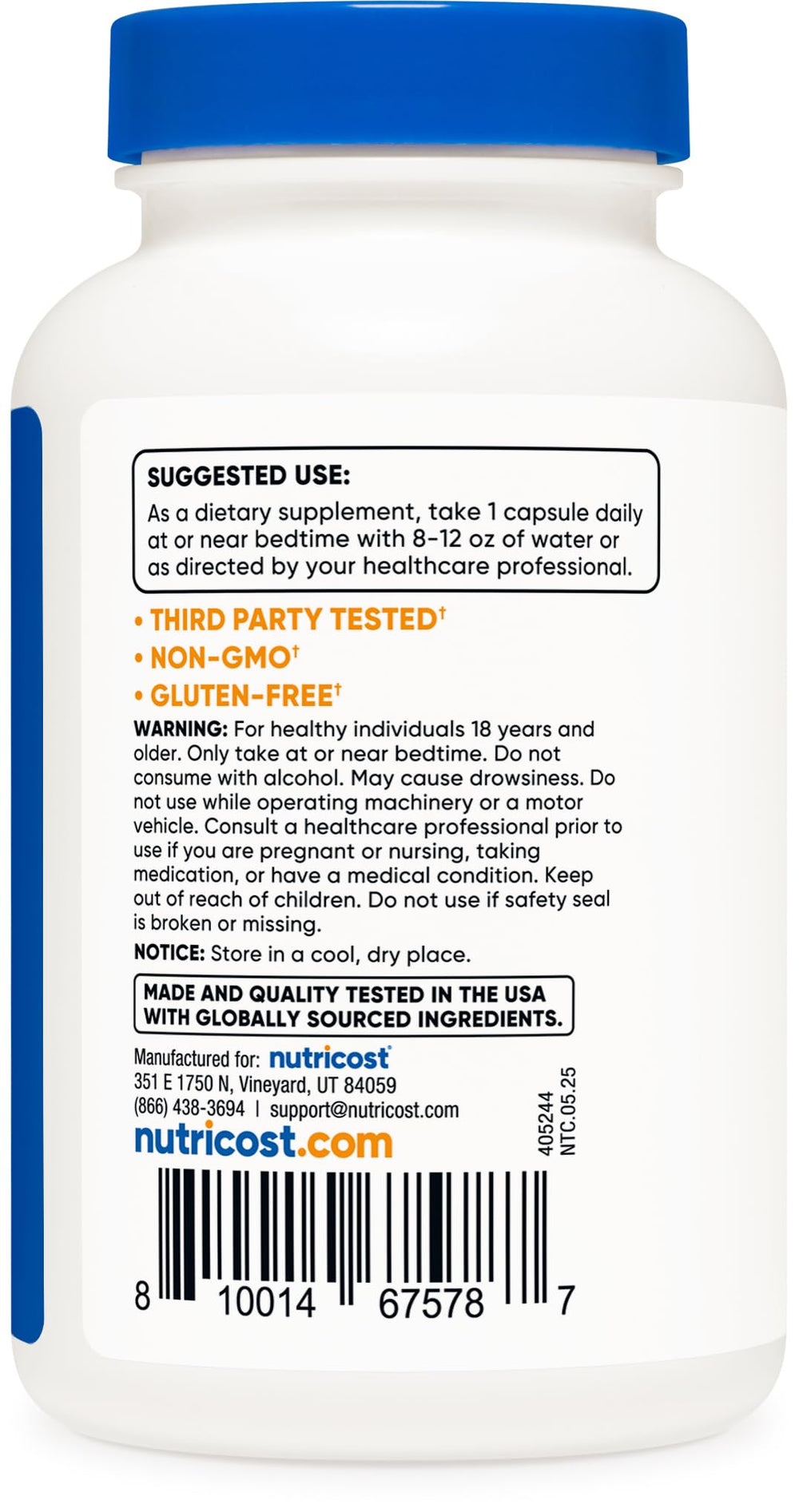 Nutricost Melatonin bottle on a nightstand supporting a bedtime routine