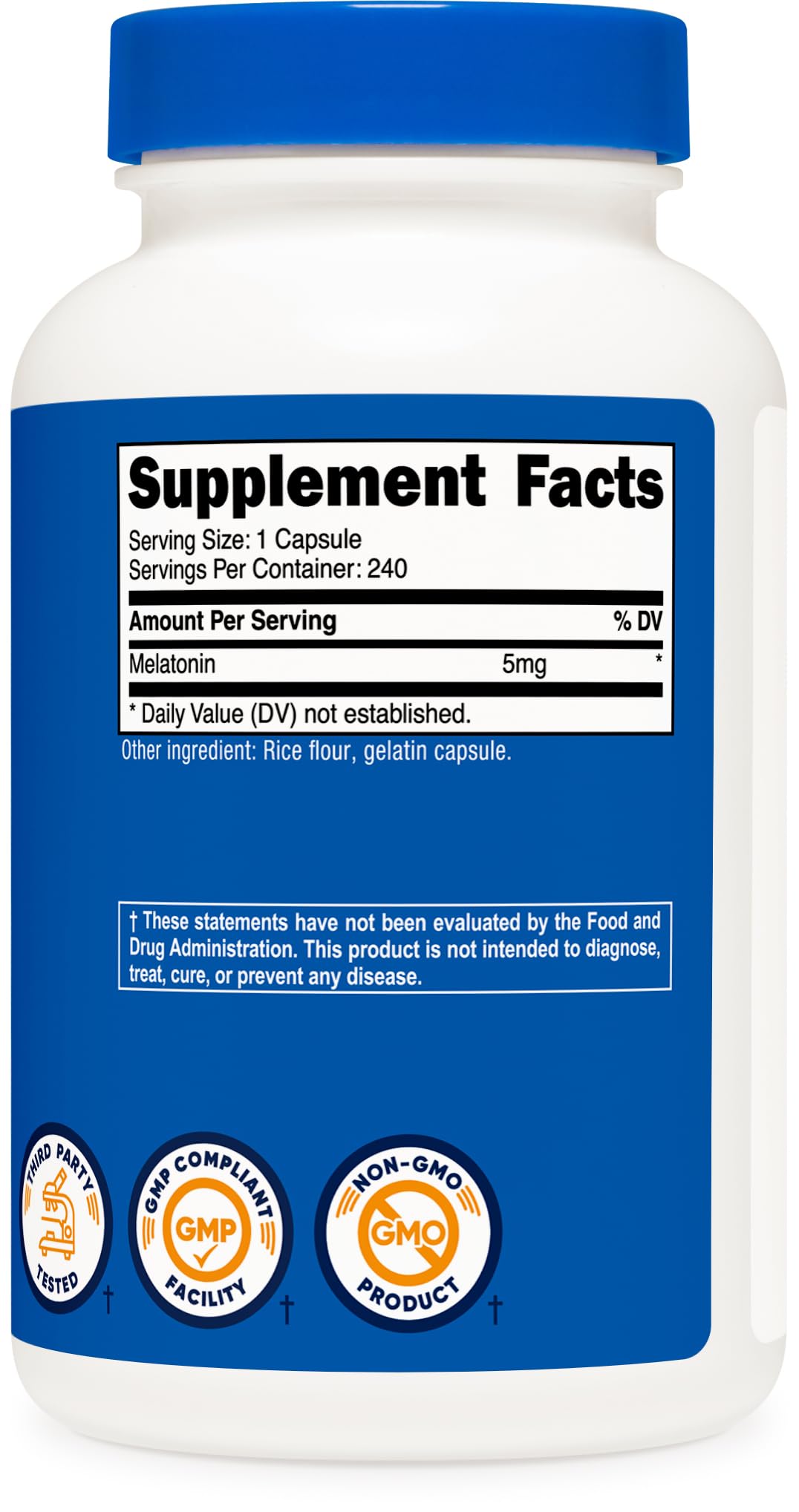Nutricost melatonin label highlighting non-GMO and gluten-free formula