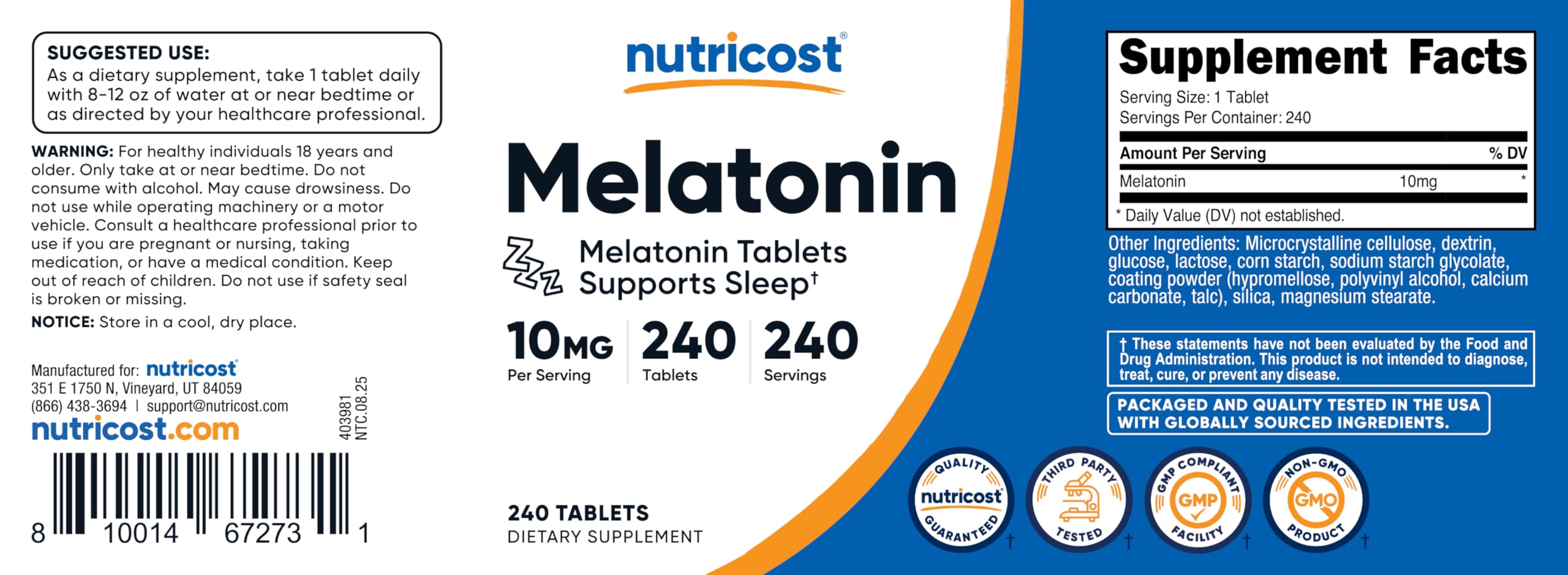 Nutricost Melatonin bottle with NSF-certified seal shown.
