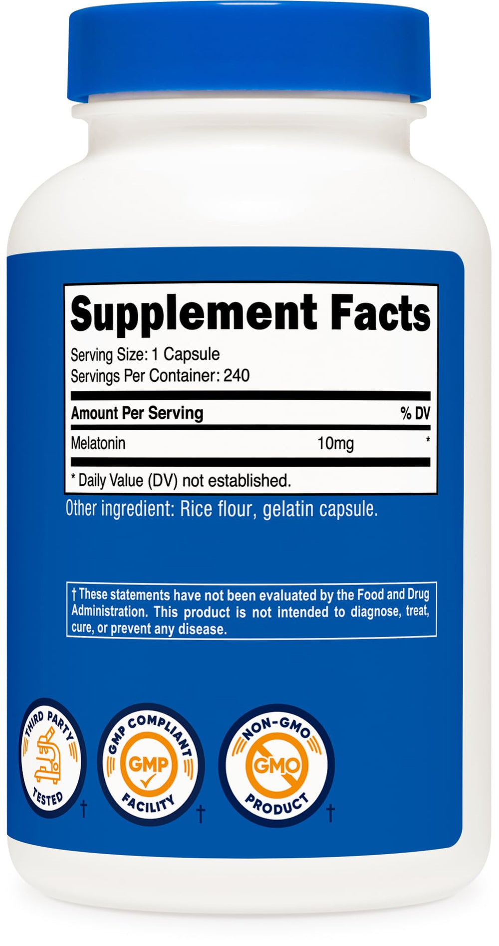 Nutricost Melatonin packaging graphic shows 240 capsules per bottle