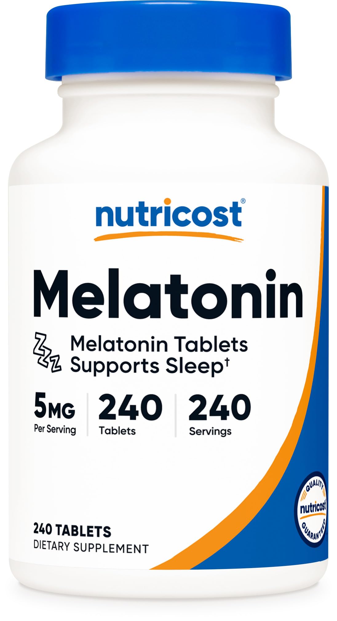 Nutricost Melatonin 5mg tablets in the bottle front view for nightly routines.