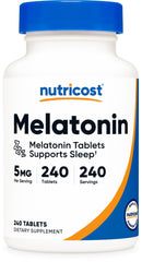 Nutricost Melatonin 5mg tablets in the bottle front view for nightly routines.