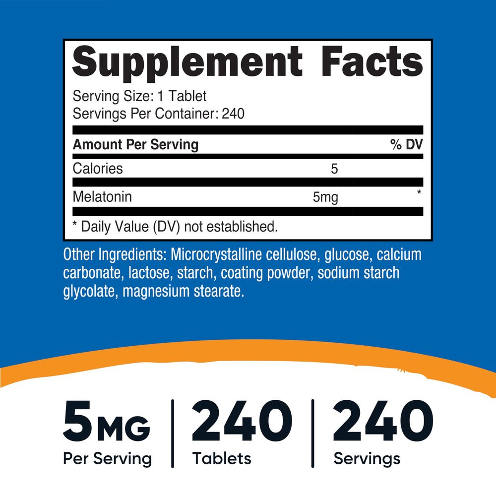 Nutricost Melatonin tablets close-up showing the easy-to-swallow form.
