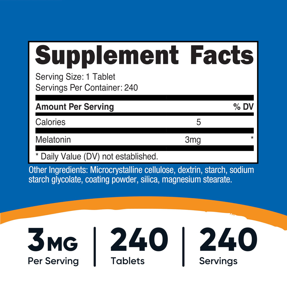 Nutricost Melatonin tablets close-up showing easy-to-swallow form for nightly use