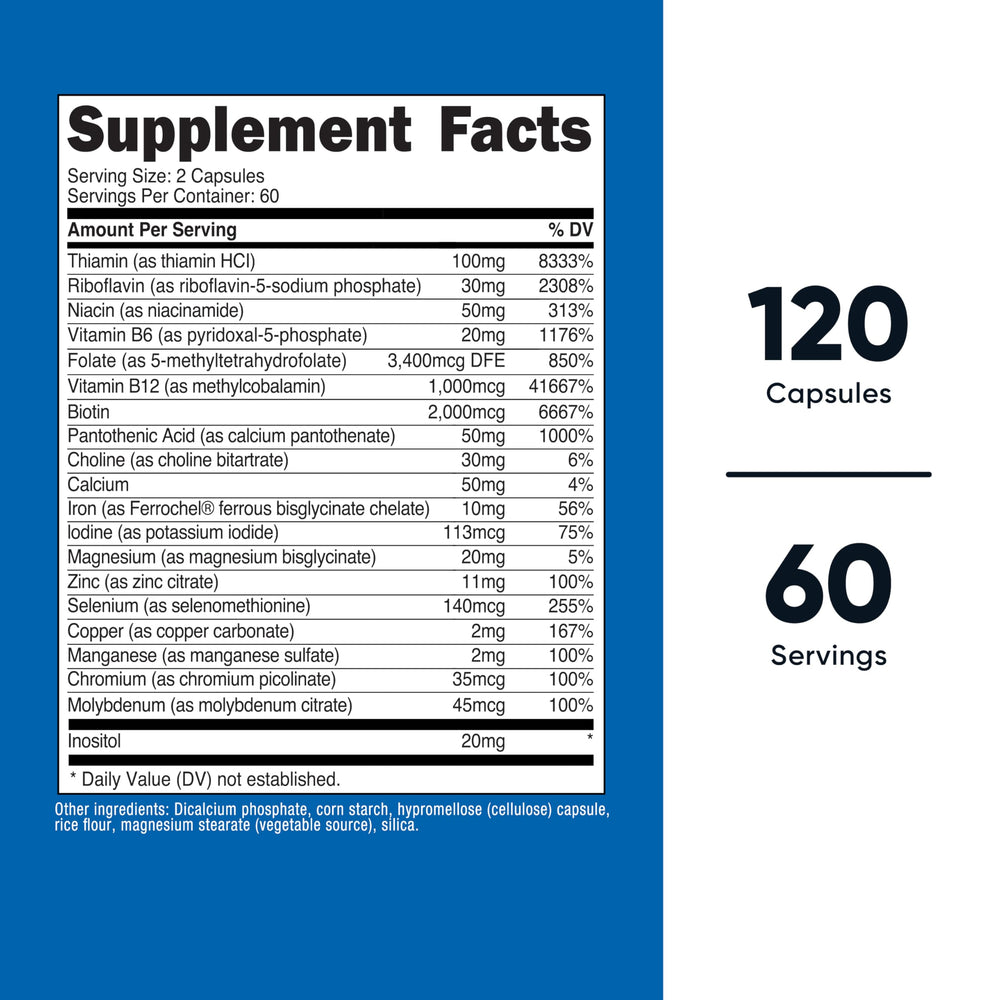 Close-up of Nutricost Methylated B Complex capsules for easy daily dosing and consistency
