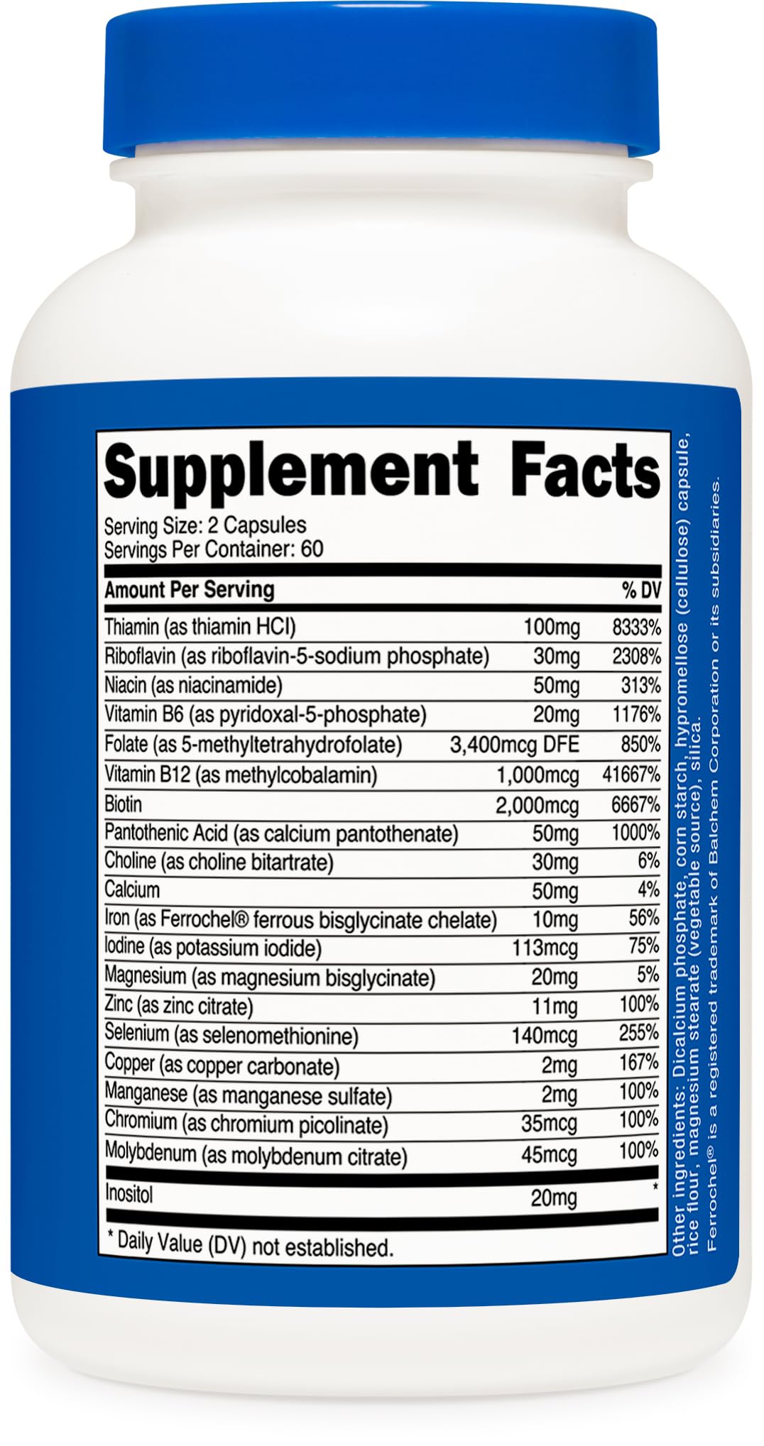 Nutrition facts panel beside Nutricost Methylated B Complex bottle for quick reference