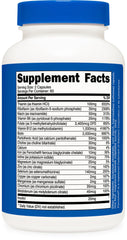 Nutrition facts panel beside Nutricost Methylated B Complex bottle for quick reference