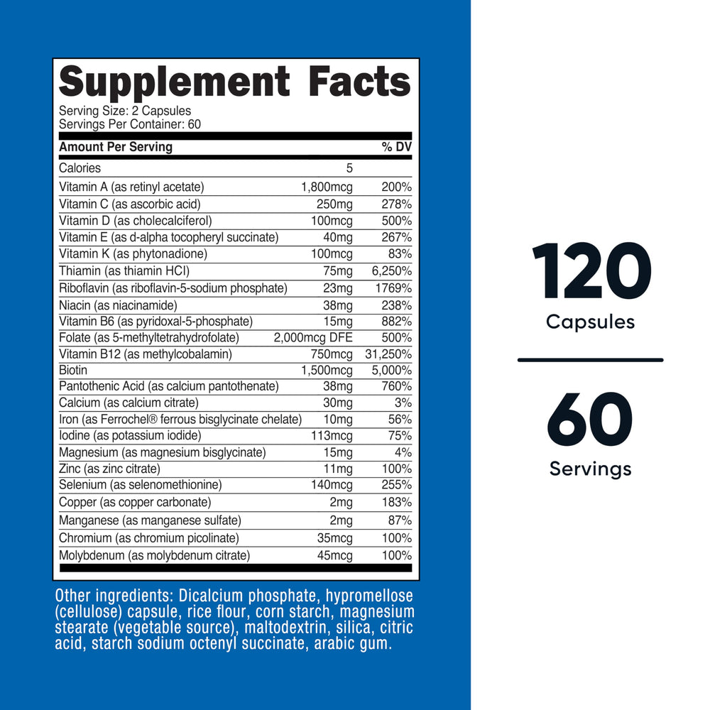 Nutricost Methylated Multivitamin capsules being poured for easy daily use